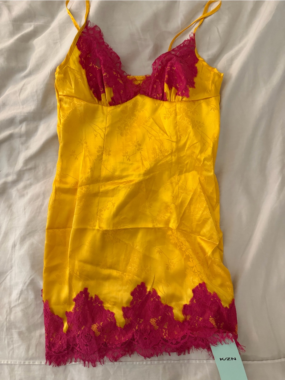 Yellow & Fuchsia Lace Satin Chemise